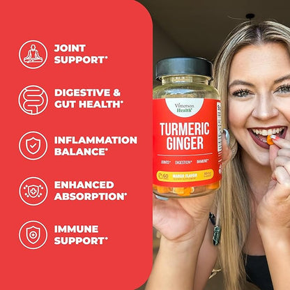 Turmeric Supplement and Ginger Root Gummies Joint Support Supplement - Turmeric Curcumin Supplement 95% Curcuminoids. Tumeric Curcumin C3 Complex for Max Absorption. 60 Mango Flavor Turmeric Gummies