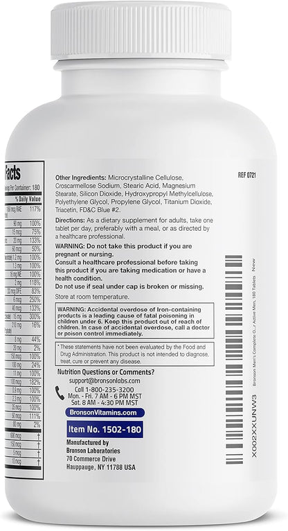 Bronson ONE Daily Men’s Complete Multivitamin Multimineral Once-Daily Multi for Active Men, 180 Tablets