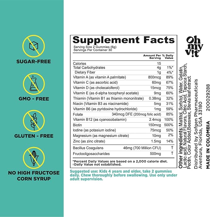 OH MY VIT! para Kids Gummy Multivitamin with Probiotics & Prebiotics, Tropical Fruit Flavor for Children Ages 4+, 60 Count