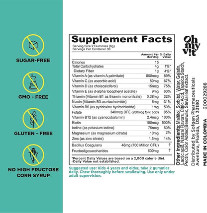 OH MY VIT! para Kids Gummy Multivitamin with Probiotics & Prebiotics, Tropical Fruit Flavor for Children Ages 4+, 60 Count