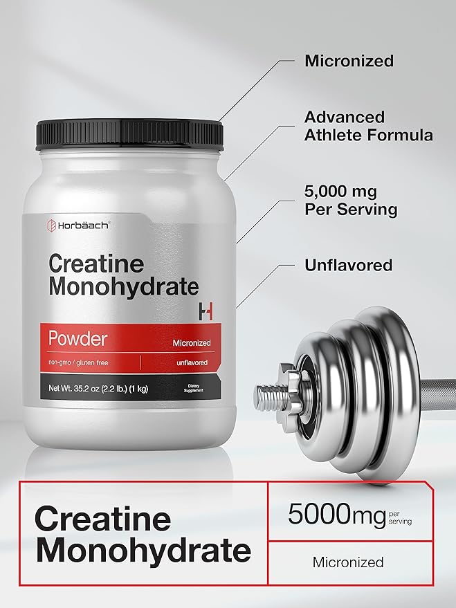 Horbäach Creatine Monohydrate Powder | 2.2lbs (35.2 oz) | Micronized and Unflavored | Vegetarian, Non-GMO, and Gluten Free Supplement