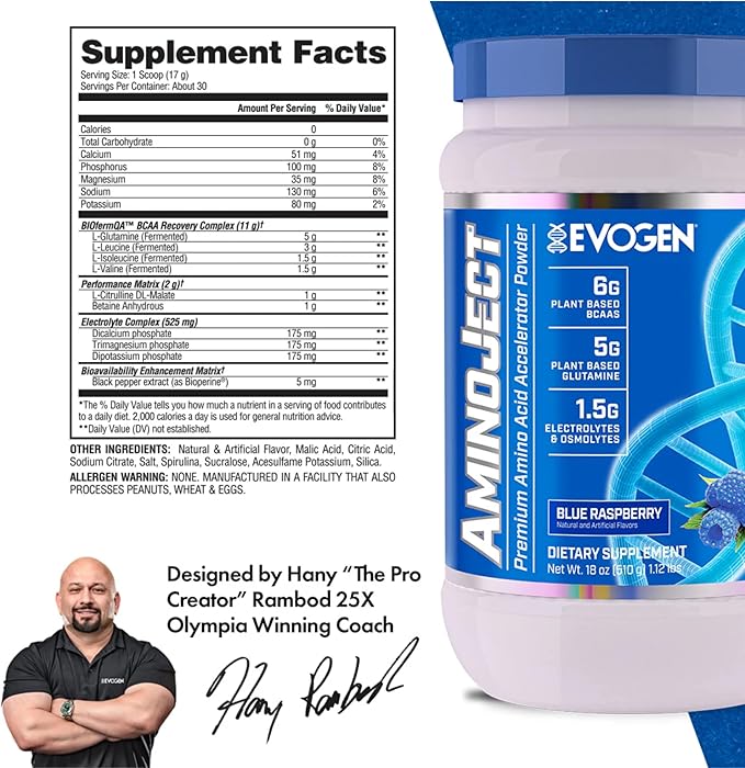 Evogen AminoJect - Amino Acid Accelerator Powder | Supports Muscle Recovery & Hydration | Plant-Based BCAAs, Glutamine, Electrolytes | Blue Raspberry | 30 Servings