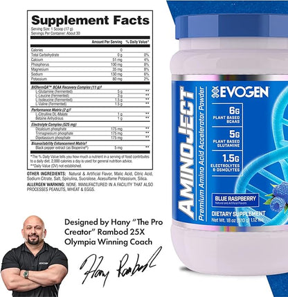Evogen AminoJect - Amino Acid Accelerator Powder | Supports Muscle Recovery & Hydration | Plant-Based BCAAs, Glutamine, Electrolytes | Blue Raspberry | 30 Servings