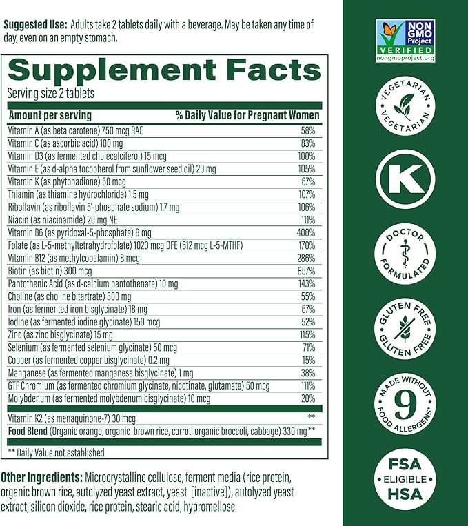 MegaFood Baby & Me 2 Prenatal Vitamin and Minerals - Vitamins for Women - with Folate (Folic Acid Natural Form), Choline, Iron, Iodine, and Vitamin C, Vitamin D and more - 120 Tabs (60 Servings)