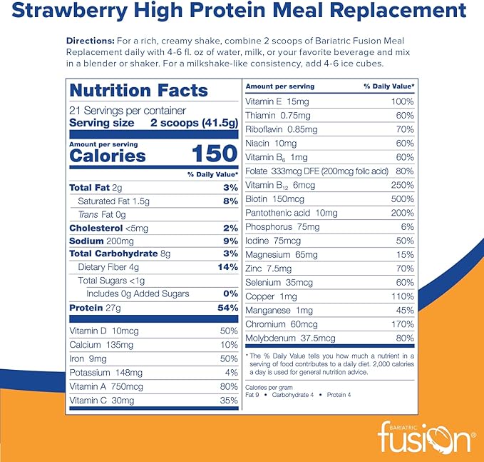 Bariatric Fusion Strawberry Meal Replacement 27g Protein Powder, 21 Serving Tub for Bariatric Surgery Patients Including Gastric Bypass and Sleeve Gastrectomy - No Gluten, Aspartame or Sugar