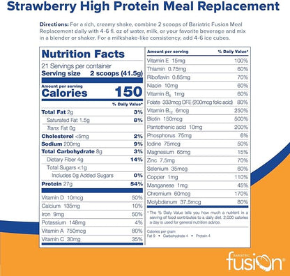Bariatric Fusion Strawberry Meal Replacement 27g Protein Powder, 21 Serving Tub for Bariatric Surgery Patients Including Gastric Bypass and Sleeve Gastrectomy - No Gluten, Aspartame or Sugar