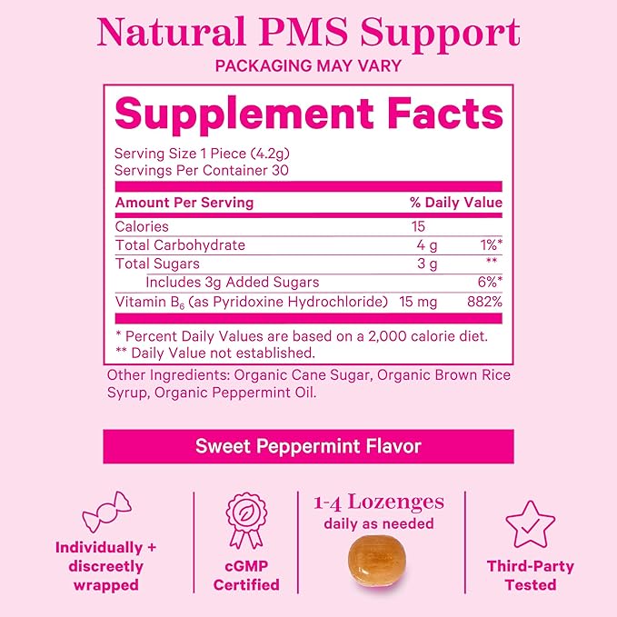 Pink Stork Organic PMS Support Sweets for Teens and Women - Simple & Natural Ingredients Vitamin B6 and Peppermint - Period, Digestion, Bloating, Mood Swings - 30 Drops