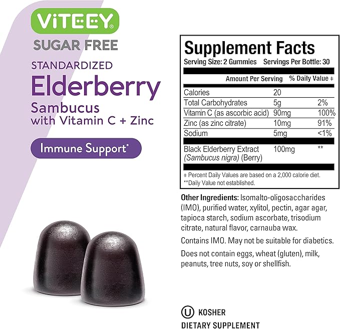 Sambucus Elderberry Gummies for Adults & Teens + Zinc & Vitamin C - Sugar Free - Immune Support & Booster Herbal Supplement - Vegan, Gluten Free, Gelatin Free, GMO Free, Chewable Berry Flavored Gummy