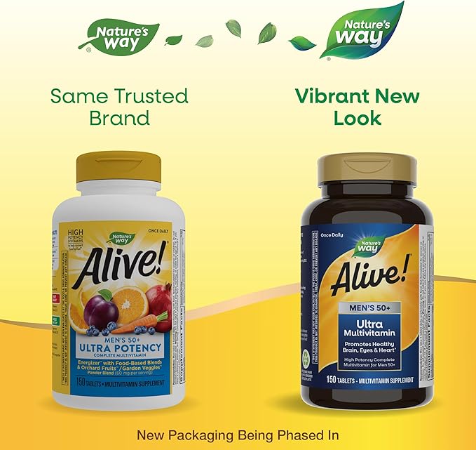 Nature's Way Alive! Men’s 50+ Daily Ultra Multivitamin, High Potency Formula, Supports Healthy Brain, Eyes & Heart*, with Methlyated B12, Gluten-Free, 150 Tablets (Packaging May Vary)