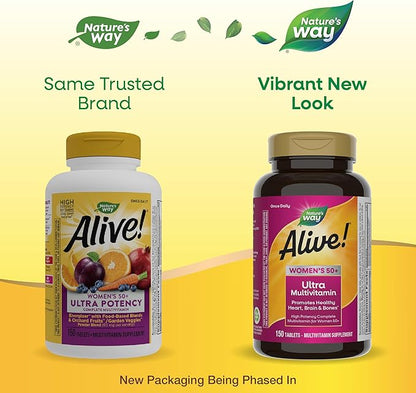 Nature’s Way Alive! Women’s 50+ Ultra Potency Complete Multivitamin, High Potency Formula, Promotes Healthy Heart, Brain, Bones*, with Methylated B12, Gluten-Free, 150 Tablets (Packaging May Vary)