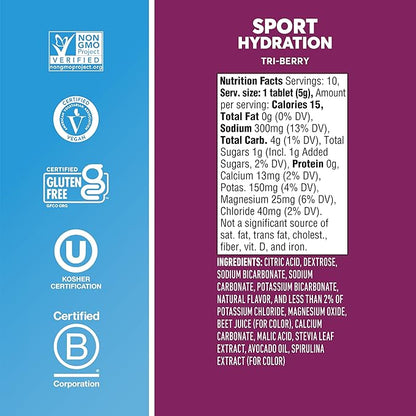 Nuun Sport Electrolyte Tablets - Dissolvable in Water, Tri Berry, 5 Essential Electrolytes for Hydration, 1g Sugar Drink Mix, Vegan, Non-GMO, 4 Pack (40 Total Servings)