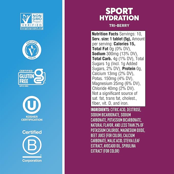 Nuun Sport Electrolyte Tablets - Dissolvable in Water, Tri Berry, 5 Essential Electrolytes for Hydration, 1g Sugar Drink Mix, Vegan, Non-GMO, 8 Pack (80 Total Servings)
