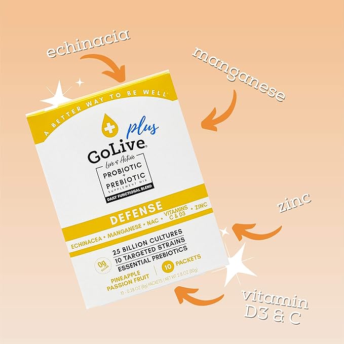 GoLive Immune Defense Sugar-Free Synbiotic (Probiotics + Prebiotics); +25 Billion CFUs; 10 Clinical Strains. Formulated and Recommended by Doctors and Dietitians for Digestion, Metabolism, Immunity.
