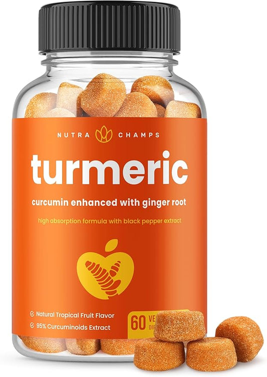 Turmeric Gummies for Adults & Kids with Ginger & Black Pepper Extract | 95% Curcuminoids | Vegan Natural Curcumin Joint Support Supplement | Tumeric Gummy Supplements