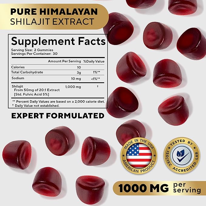 Shilajit Gummies - Himalayan Shilajit Gummies for Men & Women 1000mg - Sugar Free Shilajit Gummies - Natural Shilajit for Men Gummies - Healthy Aging, Immune, Energy Support - 60 Count