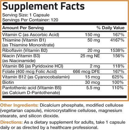 Bronson Vitamin B Complex with Vitamin C - Immune Health, Energy Support & Nervous System Support - Non-GMO, 120 Vegetarian Capsules