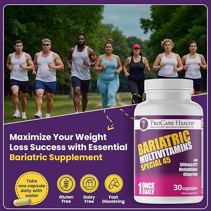 ProCare Health Bariatric Multivitamin with Iron (30 Capsule) 45mg Iron with Reduced B12 - Post-Op Bariatric Vitamins for Gastric Bypass Sleeve Patients, Sustains Recovery & Energy (1 Month Supply)