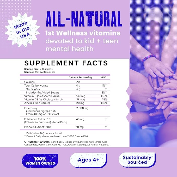 Immunity Gummies - All Natural, Vegan Immune Support for Kids & Teens - Echinacea, Vitamin C, Vitamin D3, Propolis and Elderberry Gummies - Berry Flavor - 60/ct