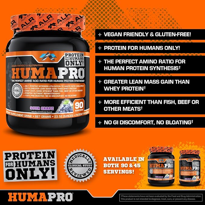 Humapro | Amino Acids Protein Matrix for Humans | 99% Utilization for Lean Muscle | Vegan, Gluten Free | 667g / 90 Servings (Sour Grape)
