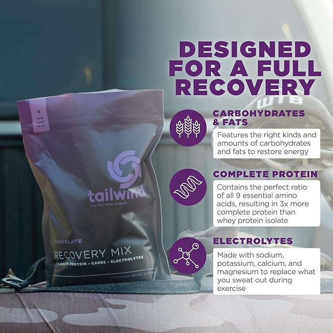 Tailwind Nutrition Recovery Mix, Complete Protein, Carbohydrates, and Electrolytes Powder Drink Mix for Post-Workout, Free of Gluten, Soy, and Dairy, Vegan, 15 Servings, Chocolate