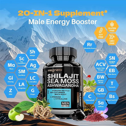Shilajit 6,000mg for Men with Sea Moss 6,000mg Ashwagandha 3,000mg L-Arginine 3000MG, Boost Energy, 60 Capsules