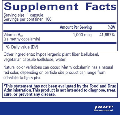 Pure Encapsulations Methylcobalamin 1,000 mcg - Vitamin B12 Supplement to Support Memory & Nerve Health - Premium Vitamin B12 Capsules - 180 Capsules