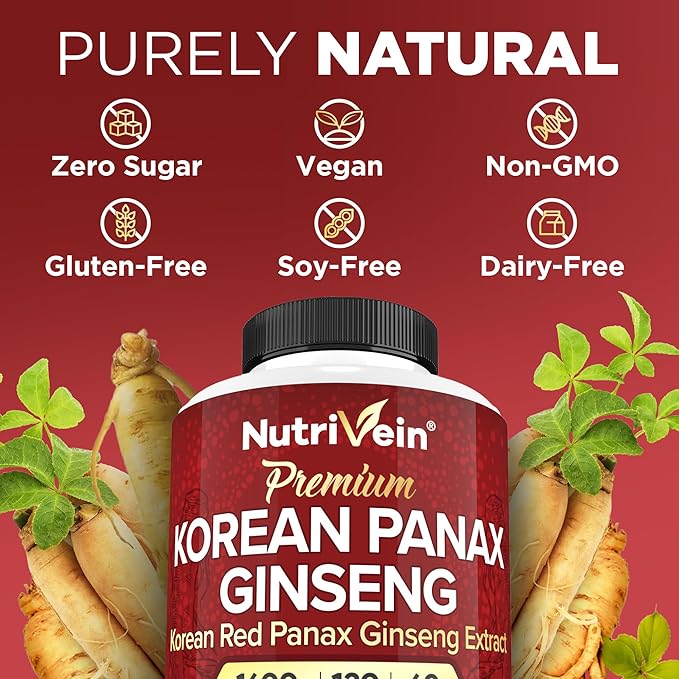 Nutrivein Korean Red Panax Ginseng 1600mg - 120 Capsules - High Potency for Energy, Focus, Performance, Vitality & Immune Support - for Men and Women