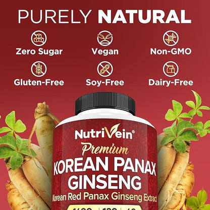Nutrivein Korean Red Panax Ginseng 1600mg - 120 Capsules - High Potency for Energy, Focus, Performance, Vitality & Immune Support - for Men and Women