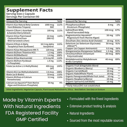One Daily Multivitamin for Men - with Vitamins & Minerals + Organic Whole Foods, Supplement to Boost Energy, General Health - Non-GMO - 90 Capsules | 3 Month Supply