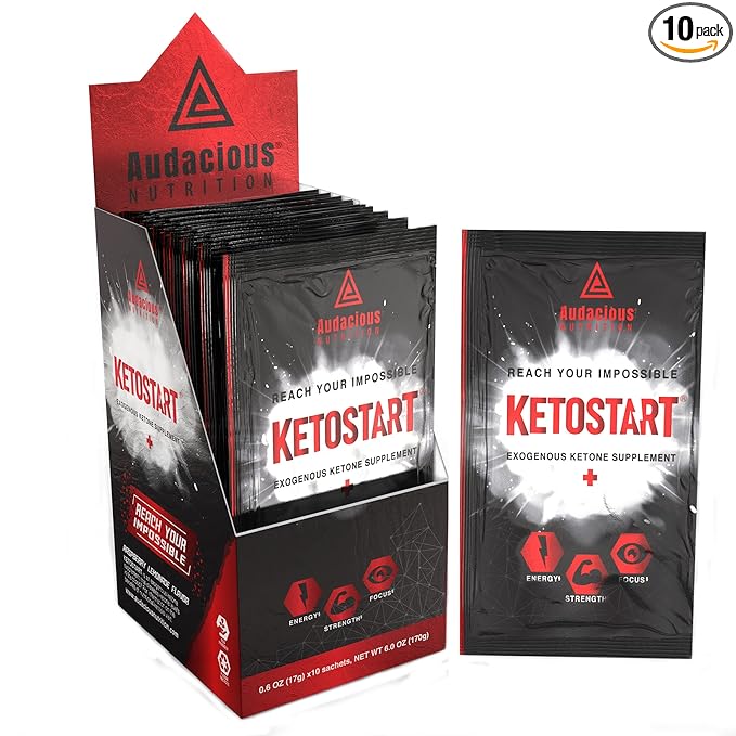 KetoStart+ | Exogenous Ketones Powder with Electrolytes for Energy, Strength & Focus | with Caffeine | Raspberry Lemonade Flavor Electrolyte Powder (10x Ketones Drink Mix Packets)
