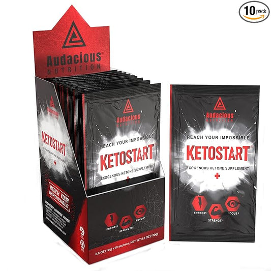 KetoStart+ | Exogenous Ketones Powder with Electrolytes for Energy, Strength & Focus | with Caffeine | Raspberry Lemonade Flavor Electrolyte Powder (10x Ketones Drink Mix Packets)