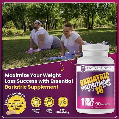 ProCare Health Bariatric Multivitamin with Iron 18mg (03 Month Supply) - Post-Op Bariatric Vitamins for Gastric Bypass Bariatric Surgery Patients, Supports Recovery (90 Easy to Swallow Capsules)