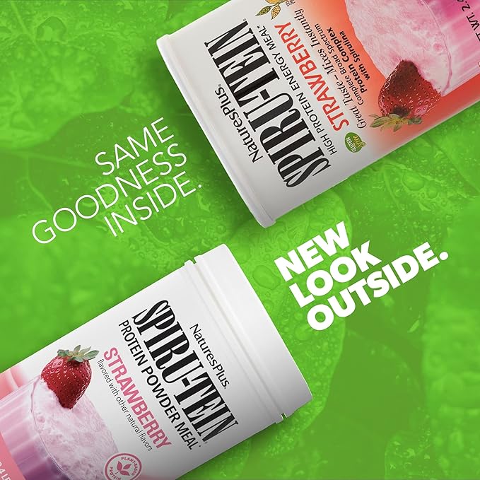 NaturesPlus SPIRU-TEIN, Strawberry - 2.4 lb - Plant-Based Protein Shake - Non-GMO, Vegetarian, Gluten Free - 32 Servings