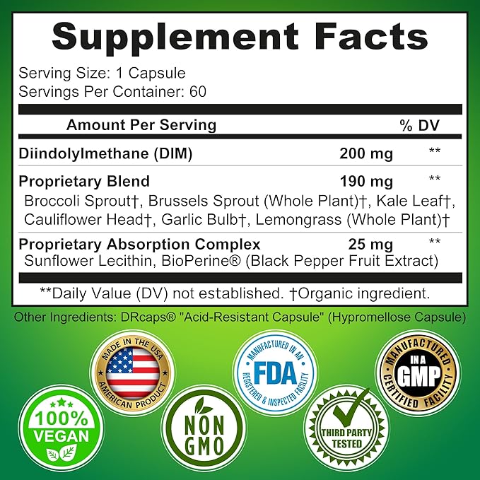 Optimal DIM 200mg Supplement for Women and Men - Made with Organic Whole Foods - Estrogen & Hormone Balance Support Diindolylmethane Complex - Maximum Absorption Delayed-Release Capsules - 60 Count