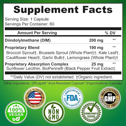 Optimal DIM 200mg Supplement for Women and Men - Made with Organic Whole Foods - Estrogen & Hormone Balance Support Diindolylmethane Complex - Maximum Absorption Delayed-Release Capsules - 60 Count