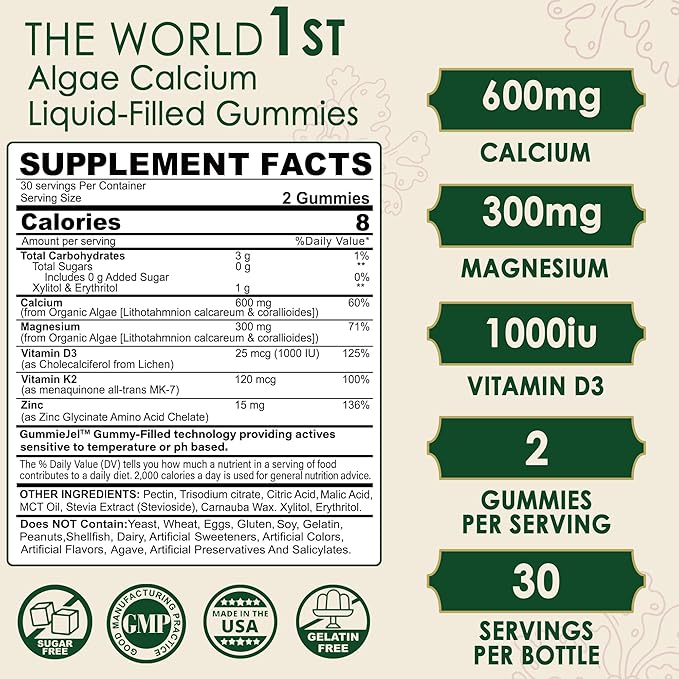 Plant Based Calcium Supplement 600mg with Vitamin D3 K2, Zinc for Bone Strength, Sustainably Sourced Algae Calcium Magnesium 2:1 Ratio, Sugar Free Calcium Gummies 70+ Trace Minerals, Vegan, 60 Counts
