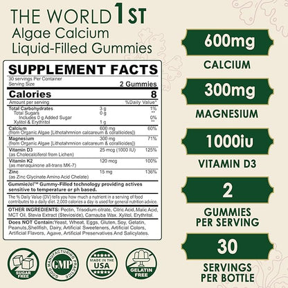 Plant Based Calcium Supplement 600mg with Vitamin D3 K2, Zinc for Bone Strength, Sustainably Sourced Algae Calcium Magnesium 2:1 Ratio, Sugar Free Calcium Gummies 70+ Trace Minerals, Vegan, 60 Counts