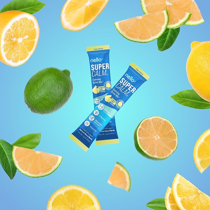 Nello Supercalm Drink Mix - Ashwagandha KSM 66, Magnesium Glycinate & L-Theanine Supplement, Vitamin D3 - Ashwagandha Root Extract - Focus and Relaxation Support (20 Travel Packets) - Lemon Lime