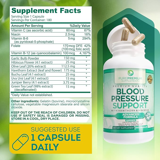 PurePremium Blood Pressure Support with Hawthorn Berry, Hibiscus - Nitric Oxide with Vitamin B6 - Garlic Supplements for Normal Nitric Oxide Supplement - 180 Caps