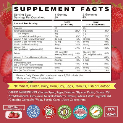Iron Gummies Supplements for Women & Kids - Multivitamin with Iron for Blood Builder, Great Tasting Iron Gummy Vitamins with Vitamin C for Max Absorption - Vegan Iron Chewable, Strawberry 90 Count