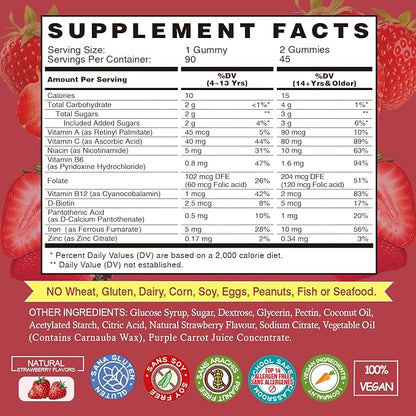 Iron Gummies Supplements for Women & Kids - Multivitamin with Iron for Blood Oxygen, Great Tasting Iron Gummy Vitamins with Vitamin C for Max Absorption - Vegan Iron Chewable (180 Count, Strawberry)