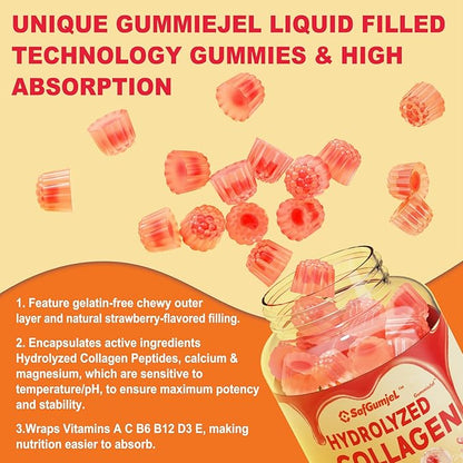 Sugar Free Hydrolyzed Collagen Peptides Gummies for Women, Multi Hydrolyzed Collagen Type I II III V X Supplement w/Keratin Calcium Magnesium for Hair, Skin & Nails, Healthy Joints, Anti-Aging, 60cts