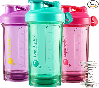 Super Hydro Protein Shaker Bottle [3 PACK] - 24 oz. BPA-Free, Non-Toxic, Durable, Leak Proof, Eco-Tritan, Best for Travel, Sports, Fitness for Men & Women (Lemon Lavender, Rosy Bloom, Frosted Mint)