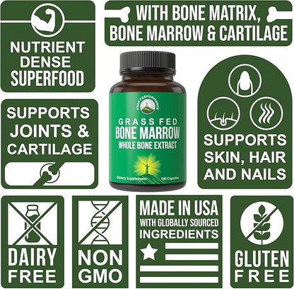 Peak Performance Grass Fed Bone Marrow - Whole Bone Extract Supplement 180 Capsules Superfood Pills Rich in Collagen, Vitamins, and Amino Acids. from Bone Matrix, Marrow, Cartilage. Ancestral Tablets