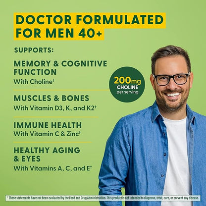 MegaFood Men's 40+ Advanced Multivitamin for Men - Dr-Formulated - Choline, Vitamin B, Vitamin C, Vitamin D, Zinc & Real Food - Brain Health, Immune Support - Vegetarian - 120 Tabs (60 Servings)