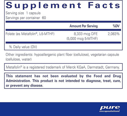 Pure Encapsulations - Folate 5,000 - Activated Vitamin B9 as 5-Methyltetrahydrofolate (5-MTHF) - 60 Capsules