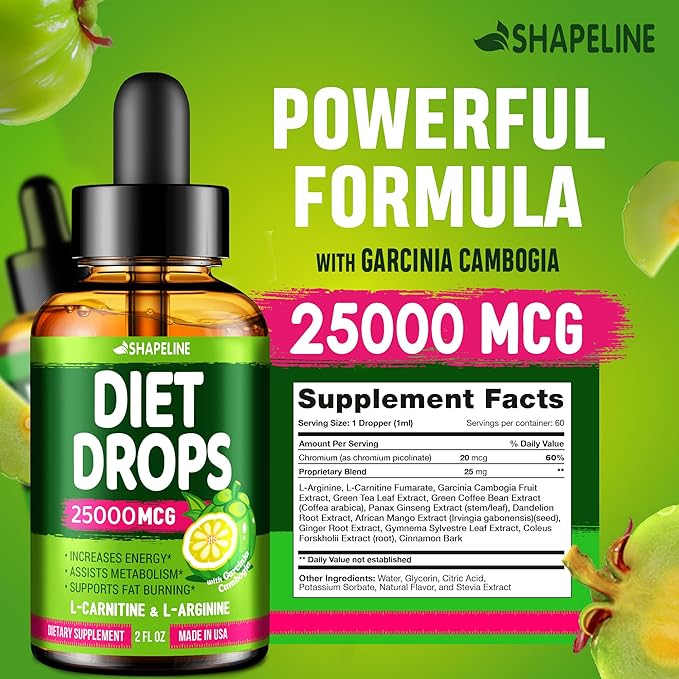 Diet Drops - Appetite Suppressant for Women & Men - Made in The USA - Natural Metabolism Booster - Diet Drops with Garcinia Cambogia, L-Arginine & L-Glutamine 2 Fl Oz