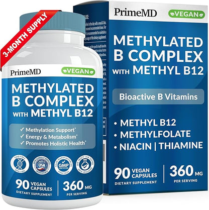 Methylated B Complex with B12 Methylcobalamin & Methyl Folate 1000 mcg - Premium Vitamin B Complex for Energy, Brain Function, and Wellness - Methylated Multivitamin (90 Servings, Pack of 1)