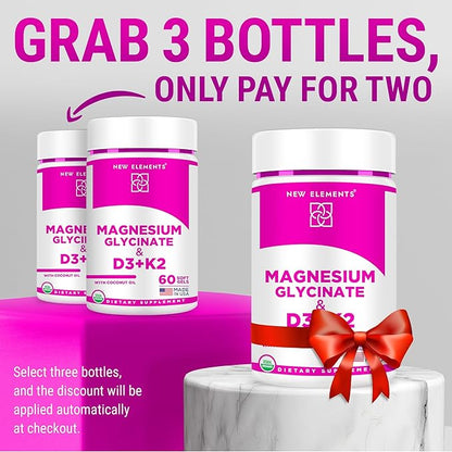 Magnesium Glycinate 500mg Organic Softgels with Vitamin D3 and K2 | D3 10,000 IU | Vitamin K2 100mcg with Coconut Oil for Bone Health | Immunity Support | Non-GMO | Gluten-Free | Sugar Free