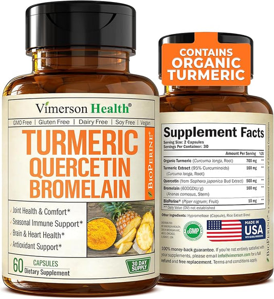 Quercetin with Bromelain Turmeric Supplement - Quercetin 500mg Capsules with Curcumin & Bromelain powder for Allergy & Joint Support. Turmeric Curcumin Bromelain Supplement. 60 Vegan Tumeric Capsules